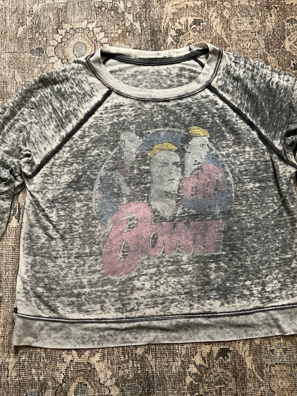 David Bowie Burnout Acid Wash Raglan Crewneck Sweatshirt Small